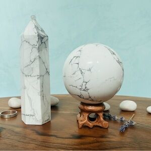 Natural Howlite Sphere w stand & Tower Set B Marble Calming Sleep Crystal Energy
